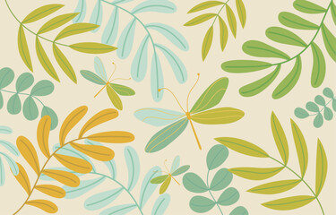Beautiful spring background with shrub branches and dragonflies.