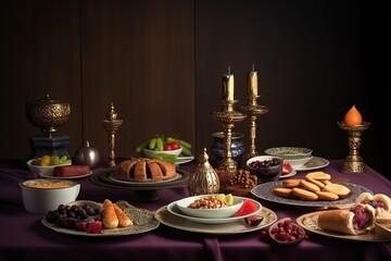 Arabic traditional festive food on a dark background. Arab religious holidays, Ramadan. Islam. Arab culture, religion, hospitality. generative ai