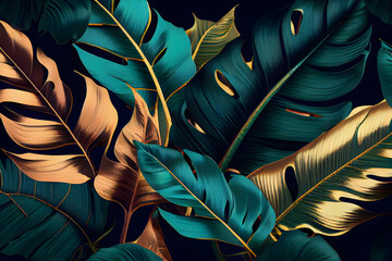 Tropical seamless pattern with monstera leaves. AI Generative