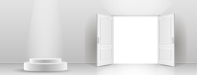 The interior of an empty room with a white wall, an open door and a white podium.
Free space for copying a 3d image.