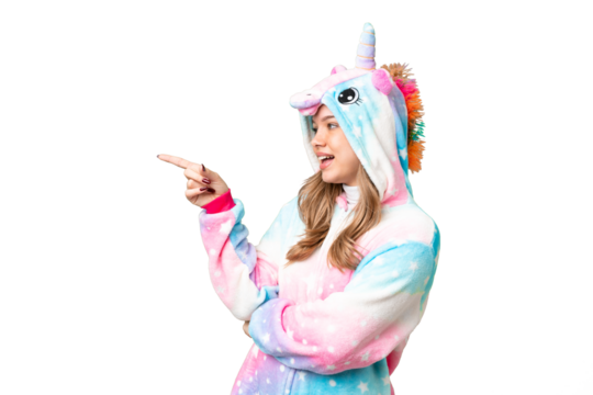 Young girl with unicorn pajamas over isolated chroma key background pointing finger to the side and presenting a product