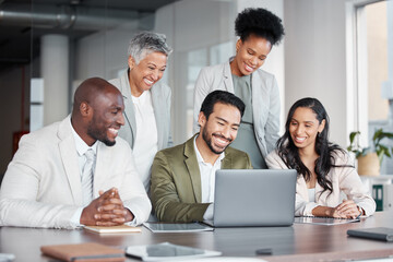 Business people, laptop and meeting in teamwork, collaboration or corporate webinar at the office. Happy diverse group of employees working on computer together for team conference at the workplace