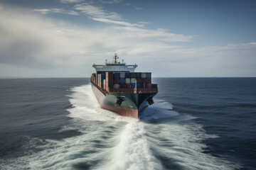 A loaded container cargo ship is seen in the front as it speeds over the ocean, generative AI