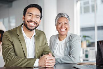 Business people, portrait smile and management at office for corporate leadership or partnership. Happy asian businessman and woman CEO smiling in teamwork, success or career ambition at workplace - obrazy, fototapety, plakaty