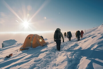 Group of mountain climbers climb the slope to the peak in sunny weather with sledges and tents equipment for overnight stays, generative AI