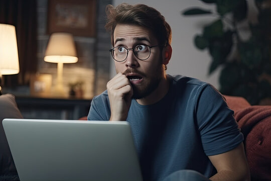 Surprised, slightly frightened man with glasses is sitting with a laptop on couch at home in evening, created with Generative AI