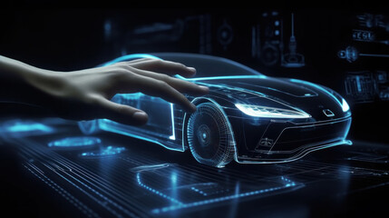 Plakat Designer develops new futuristic car using computer hologram created with generative AI technology