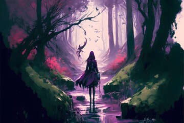person in a mysterious forest with purple soiled water and soiled animals landscape wide shot by loisvrossdrawssamdoesart stylized trending on artstation saturated colors high detail procreate 