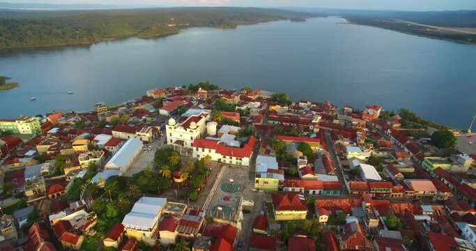 Beautiful Flores Island in Peten Guatemala. Sightseeing Place. Aerial View, Skyline. Drone Point Of View