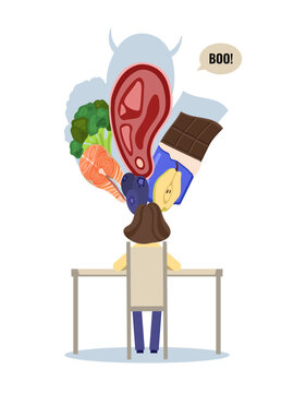 Eating disorder poster depicting a young woman sitting at the table in front of the different types of food. Eating disorder poster cartoon style on the white background.