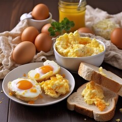 Egg breakfast, scrumbled eggs and sandwitches, Generative AI