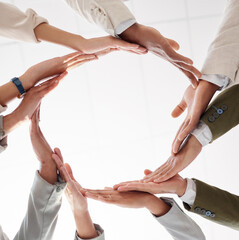 Circle, teamwork and synergy hands of people collaboration, workflow and group or team building...