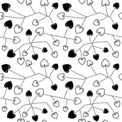 Heart-shaped leaves black and white seamless pattern