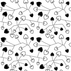 Heart-shaped leaves black and white seamless pattern