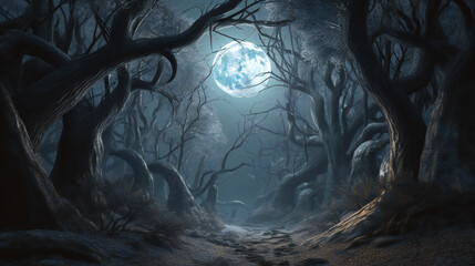 Haunted Woods, Spooky Forest with Cobwebs and Flickering Lights, Digital Illustration, generative AI
