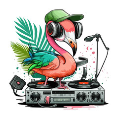 Groovy Pink Bird! Spin some tunes with this flamingo DJ - obrazy, fototapety, plakaty