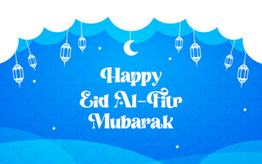 Eid mubarak banner celebration with lamp and moon illustration. ramadan banner blue background