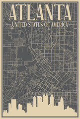 Colorful hand-drawn framed poster of the downtown ATLANTA, UNITED STATES OF AMERICA with highlighted vintage city skyline and lettering