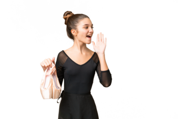 Teenager girl practicing ballet over isolated chroma key background shouting with mouth wide open to the side