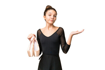 Teenager girl practicing ballet over isolated chroma key background having doubts while raising hands