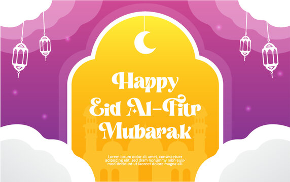 Eid mubarak banner celebration with lamp and moon illustration. ramadan banner pink purple background