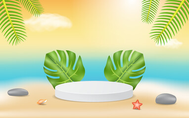 summer scene with 3d podium. beach background and leaves. used for business presentations of cosmetic and other products for sale in online stores. summer background with minimal concept