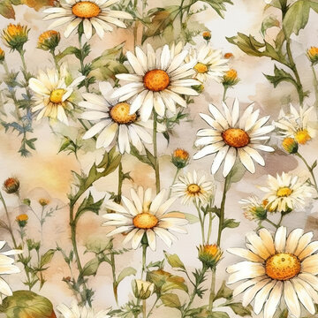 Floral seamless pattern of white chamomile daisy flowers. AI generated watercolor illustration digital art. Fabric print, decoration, wall art, printable. AI generated background Image.