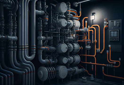 Cellar with engineering communications. Pipes in utility room. Pipes for heating or sewage. Background of engineering communications. Concept for maintenance of basement with pipes. 3d. Generative AI