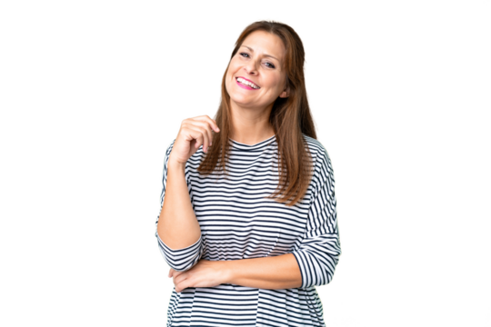 Middle age woman over isolated background laughing