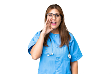 Middle age nurse woman over isolated background shouting with mouth wide open