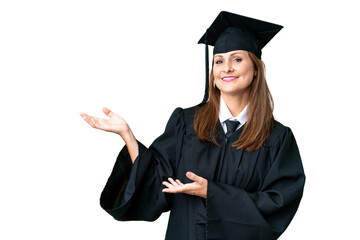 Middle age university graduate woman over isolated background extending hands to the side for...