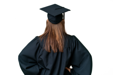 Middle age university graduate woman over isolated background in back position
