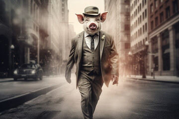 Pig wearing a suit, business man pig, animals as human, farm animal dressed up, farm animal dressed as human, farm animal  business man, 