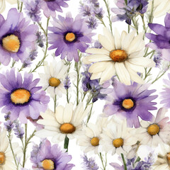 Fototapeta premium Floral seamless pattern of white chamomile daisy flowers. Pastel colors - purple, yellow, AI generated watercolor illustration digital art. Fabric print, decoration, wall art, printable. AI image