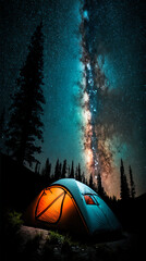 A tent pitched up and glowing under the milky way. Generative Ai