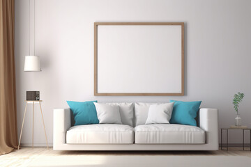 Fototapeta na wymiar painting frame mockup, mockup, modern living room, sofa painting mockup, grey wall