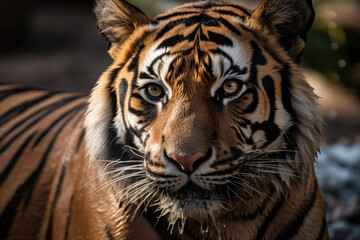 Fototapeta na wymiar portrait of a tiger, sumatran tiger, close up, highly detailed, beautiful tiger, portrait, animal, jungle animal,