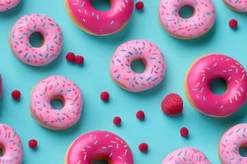 Trendy sunlight Summer pattern made with pink doughnut on bright light blue background, Minimal summer concept.  ai generated.
