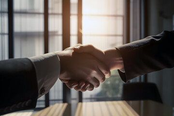 Conceptual image of business, handshake in the offie created with Generative AI technology.