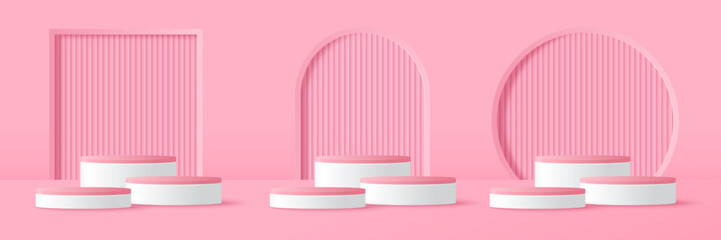 Set of podium for product display presentation. Podium platform to show product with pink circle, square background
