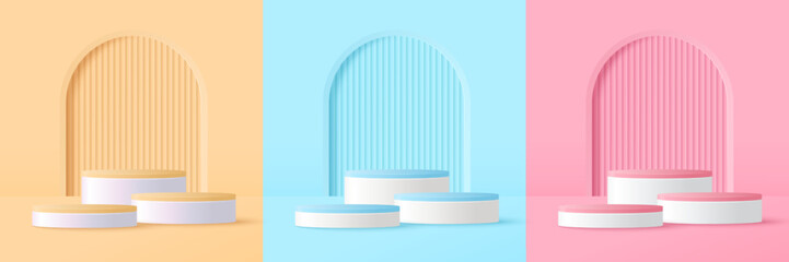 Set of podium for product display presentation. Podium platform to show product with pink, yellow and blue background