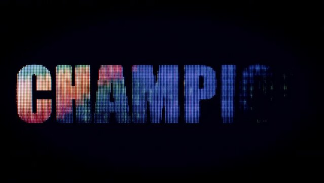 Dynamic animation of the word CHAMPION flashing with disco lights on dark background