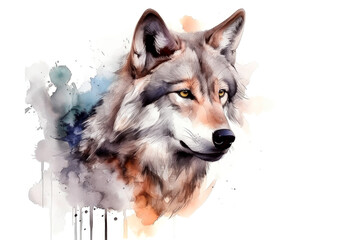 Watercolor colorful wolf with yellow eyes isolated on white background. Fairy wolf watercolor portrait. Colorful wolf illustration. Generative AI