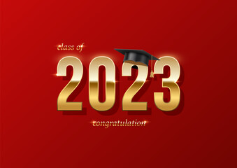 2023 graduation ceremony festive horizontal banner template. Award concept with academic hat, golden numbers and text isolated on red background