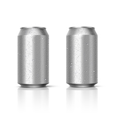 Aluminum cans with water drops isolated on white background. Empty template mockup for beer, alcohol, soft drinks, soda, energy drink. Advertising and presentation vector 3D realistic design elements