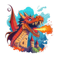 Obraz na płótnie Canvas The Fire Breathing Dragon! Witness the power of this dragon as it breathes fire over a castle