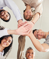 Hands stacked, teamwork and people portrait in support, collaboration or team building mission from...