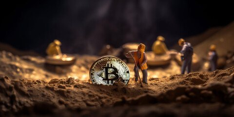 Miner figurines digging ground to uncover big gold bitcoin. Cryptocurrency mining concept. Miner was able to uncover a hidden treasure that is sure to bring great fortune. generative ai.