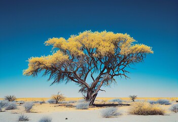 A solitary camelthorn acacia tree against a blue sky backdrop in Namibia's Etosha National Park. southern Africa Generative AI