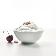 bowl of yogurt, bowl of yoghurt with fruits, bowl of yoghurt with cherry, yoghurt white background.
